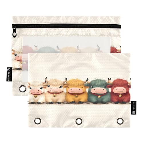 Cute Oxen Lineup Federmäppchen-Set für 3-Ringbücher, glatter Reißverschluss mit transparentem PVC-Fenster, Federmäppchen für Schulbedarf, Beige, 2 Stück von Nexawaveo