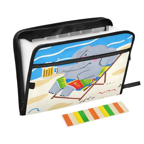 Dokumenten-Organizer mit Cartoon-Elefant mit Bier am Strand, erweiterbarer Reißverschluss, 13 Taschen, Akkordeon-Dokumenten-Organizer für Arbeit und Zuhause von Nexawaveo