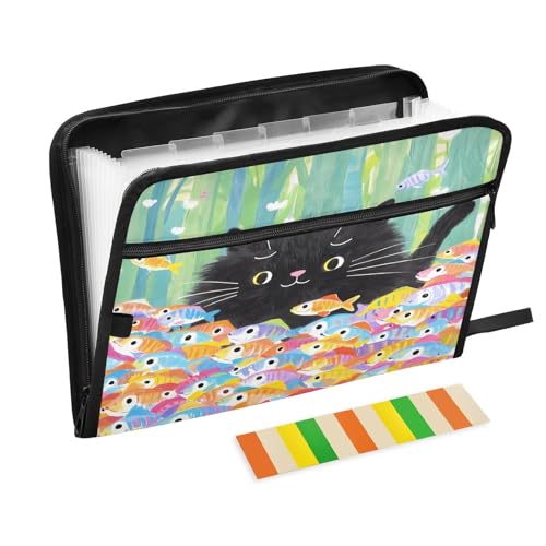 Dokumenten-Organizer mit Reißverschluss, Motiv: schwarze Katze unter bunten Fischen, 13 Fächer, Akkordeon-Dokumenten-Organizer für Arbeit und Zuhause Dokumenten-Organizer mit Reißverschluss, Motiv: schwarze Katze unter bunten Fischen, 13 Fächer, Akkordeon-Dokumenten-Organizer für Arbeit und Zuhause von Nexawaveo