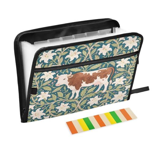 Dokumentenmappe im Jugendstil, Kuh, mit Reißverschluss, 13 Taschen, Akkordeon-Dokumenten-Organizer für Arbeit und Zuhause von Nexawaveo
