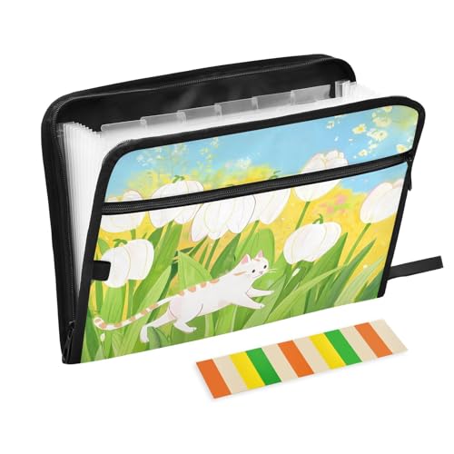 Dokumentenmappe mit Cartoon-Katze inmitten weißer Tulpen, erweiterbarer Reißverschluss, 13 Taschen, Akkordeon-Dokumenten-Organizer für Arbeit und Zuhause Dokumentenmappe mit Cartoon-Katze inmitten weißer Tulpen, erweiterbarer Reißverschluss, 13 Taschen, Akkordeon-Dokumenten-Organizer für Arbeit und Zuhause von Nexawaveo