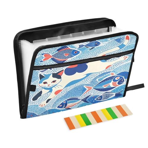 Dokumentenmappe mit Reißverschluss, 13 Fächer, Motiv: Katze, Fisch, Blau, für Arbeit und Zuhause von Nexawaveo