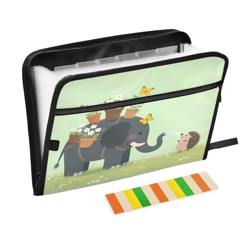 Dokumentenmappe mit Reißverschluss, Cartoon-Elefant, Blumenmuster, Grün, 13 Fächer, Akkordeon-Dokumenten-Organizer für Arbeit und Zuhause von Nexawaveo