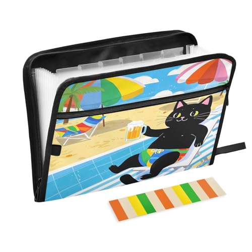 Dokumentenmappe mit Reißverschluss, Motiv: schwarze Katze mit Bier, 13 Taschen, Akkordeon-Dokumenten-Organizer für die Arbeit und Zuhause Dokumentenmappe mit Reißverschluss, Motiv: schwarze Katze mit Bier, 13 Taschen, Akkordeon-Dokumenten-Organizer für die Arbeit und Zuhause von Nexawaveo