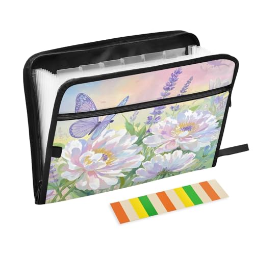 Dreamy Peony Garden Fächermappe mit 13 Fächern und Etiketten, A4, Dokumenten-Organizer mit Reißverschluss von Nexawaveo