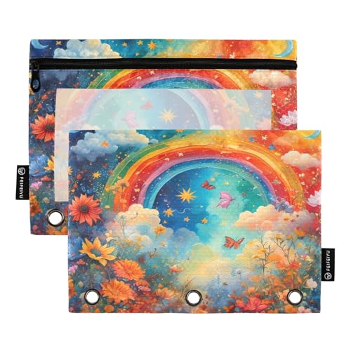 Dreamy Rainbow Starry Night Federmäppchen-Set für 3-Ringbuch, glatter Reißverschluss mit transparentem PVC-Fenster, Federmäppchen für Schulbedarf, 2 Stück von Nexawaveo
