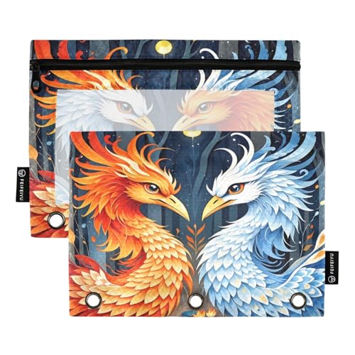 Enchanted Phoenixes Night Federmäppchen-Set für 3-Ringbuch, glatter Reißverschluss mit transparentem PVC-Fenster, Federmäppchen für Schulbedarf, 2 Stück von Nexawaveo
