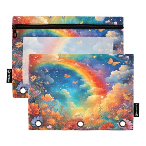 Enchanted Rainbow Flower Field Federmäppchen-Set für 3-Ringbuch, glatter Reißverschluss mit transparentem PVC-Fenster, Federmäppchen für Schulbedarf, 2 Stück von Nexawaveo