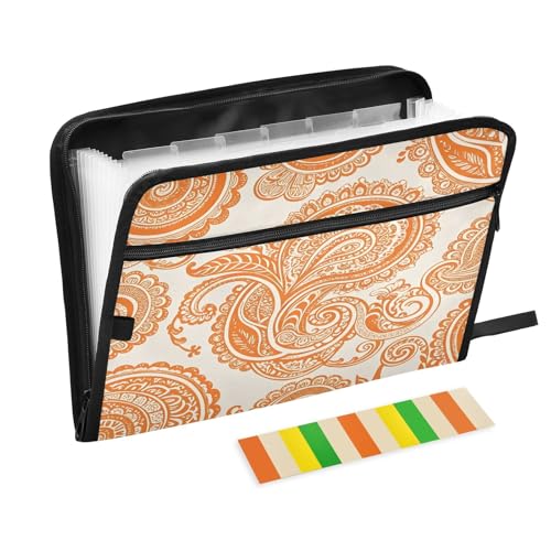 Fächermappe mit 13 Fächern, A4, mit Reißverschluss, Paisleymuster, Orange von Nexawaveo