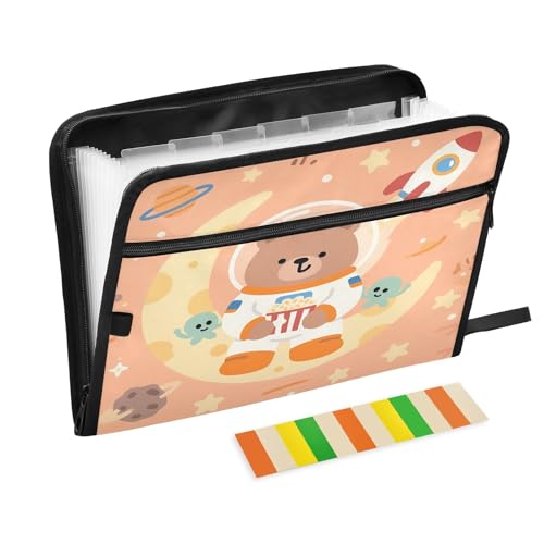 Fächermappe mit 13 Fächern, A4-Dokumenten-Organizer mit Reißverschluss, Cartoon-Bär-Astronauten-Design von Nexawaveo