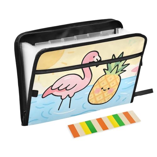 Fächermappe mit 13 Fächern, A4-Dokumenten-Organizer mit Reißverschluss, Flamingo-Ananas-Design von Nexawaveo