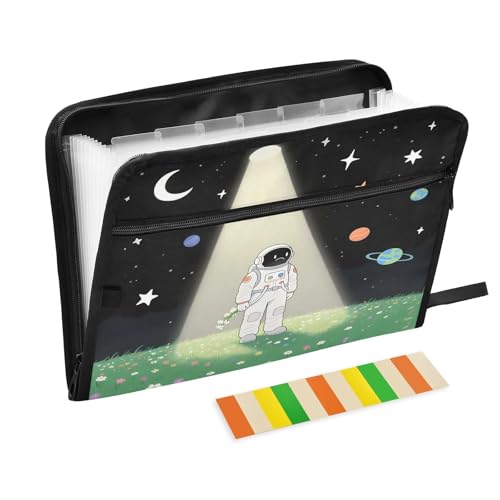 Fächermappe mit 13 Fächern, A4-Dokumenten-Organizer mit Reißverschluss, Motiv: Cartoon-Astronaut, Dark Space, 13 Fächer von Nexawaveo