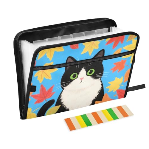 Fächermappe mit 13 Fächern, Motiv Katze mit Herbstblättern, A4, Dokumenten-Organizer mit Reißverschluss von Nexawaveo