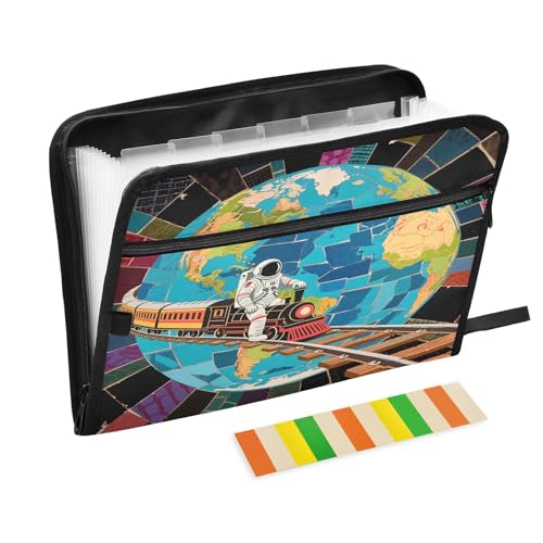 Fächermappe mit 13 Fächern, Motiv: Astronaut, bunte Erde, mit Etiketten, A4, Dokumenten-Organizer mit Reißverschluss von Nexawaveo
