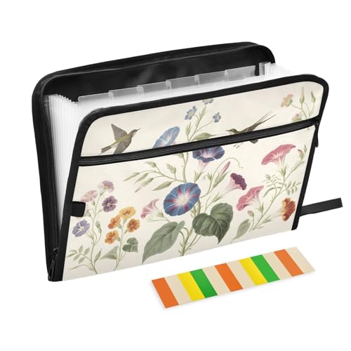 Fächermappe mit 13 Fächern, Motiv: Botanische Vögel, Blumen, cremefarben, A4, Dokumenten-Organizer mit Reißverschluss von Nexawaveo