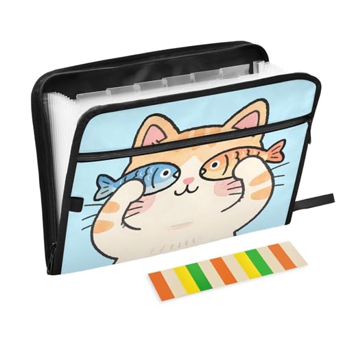 Fächermappe mit 13 Fächern, Motiv: Cartoon-Katze mit Fisch, blau, A4, Dokumenten-Organizer mit Reißverschluss von Nexawaveo
