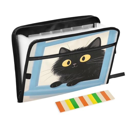 Fächermappe mit 13 Fächern, Motiv: Cartoon-Katze mit blauem Fenster, A4, Dokumenten-Organizer mit Reißverschluss von Nexawaveo