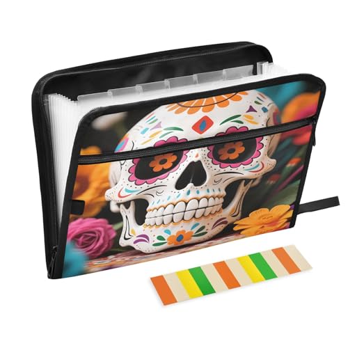 Fächermappe mit 13 Fächern, Motiv: Sugar Skull mit Blumen, A4, Dokumenten-Organizer mit Reißverschluss Fächermappe mit 13 Fächern, Motiv: Sugar Skull mit Blumen, A4, Dokumenten-Organizer mit Reißverschluss von Nexawaveo