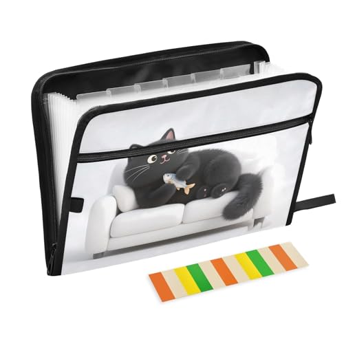 Fächermappe mit 13 Fächern, Motiv: schwarze Katze auf dem Sofa, A4, Dokumenten-Organizer mit Reißverschluss von Nexawaveo