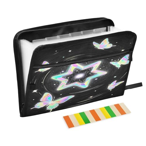 Fächermappe mit 13 Fächern, Sterne, Schmetterlinge, A4, mit Reißverschluss, Schwarz von Nexawaveo