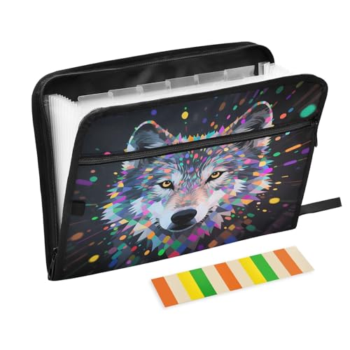 Fächermappe mit 13 Fächern, bunt, geometrischer Wolf, A4, Dokumenten-Organizer mit Reißverschluss Fächermappe mit 13 Fächern, bunt, geometrischer Wolf, A4, Dokumenten-Organizer mit Reißverschluss von Nexawaveo