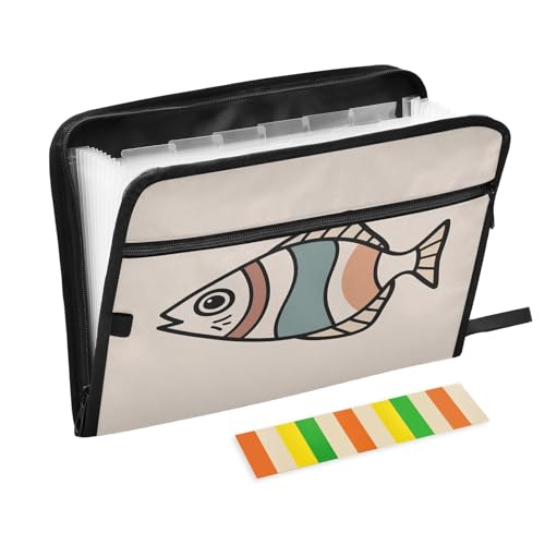 Fächermappe mit 13 Fächern, gestreift, Fischmotiv, mit Etiketten, A4, mit Reißverschluss, Beige von Nexawaveo