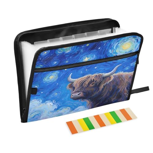 Fächermappe mit 13 Fächern, mit Etiketten, A4, mit Reißverschluss, Motiv: Starry Highland Cow Fächermappe mit 13 Fächern, mit Etiketten, A4, mit Reißverschluss, Motiv: Starry Highland Cow von Nexawaveo