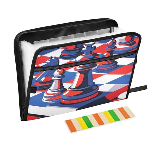 Fächermappe mit 3D-Muster, Schach, 13 Fächer, mit Etiketten, A4, Dokumenten-Organizer mit Reißverschluss, Rotblau von Nexawaveo