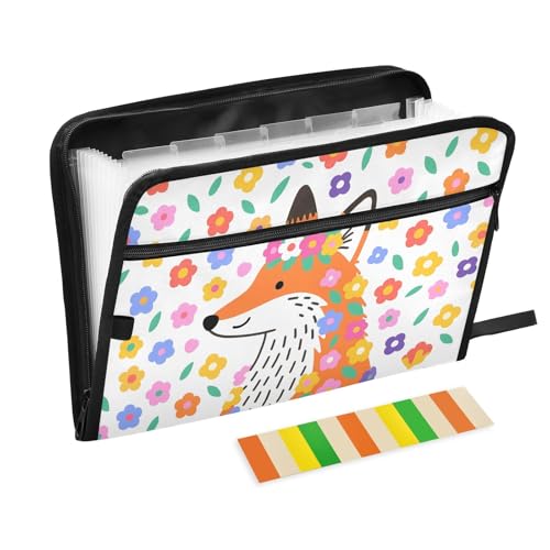 Fächermappe mit Cartoon-Fuchs mit Blumen, bunt, 13 Fächer, mit Etiketten, A4, Dokumenten-Organizer mit Reißverschluss Fächermappe mit Cartoon-Fuchs mit Blumen, bunt, 13 Fächer, mit Etiketten, A4, Dokumenten-Organizer mit Reißverschluss von Nexawaveo
