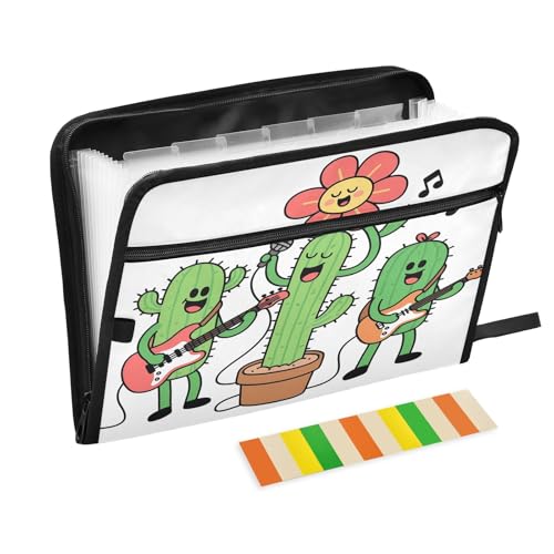 Fächermappe mit Cartoon-Kaktusband, 13 Fächer, mit Etiketten, A4, Dokumenten-Organizer mit Reißverschluss von Nexawaveo