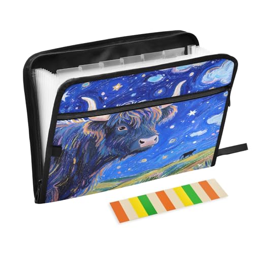 Fächermappe mit Nebula-Motiv, Hochlandkuh, 13 Fächer, mit Etiketten, A4, Dokumenten-Organizer mit Reißverschluss von Nexawaveo