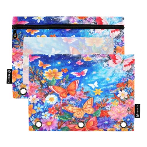 Federmäppchen-Set mit bunten Schmetterlingen, Blumenmuster, Blau, 2 Stück, für 3-Ringbücher, glatter Reißverschluss mit transparentem PVC-Fenster, Federmäppchen für Schulbedarf von Nexawaveo