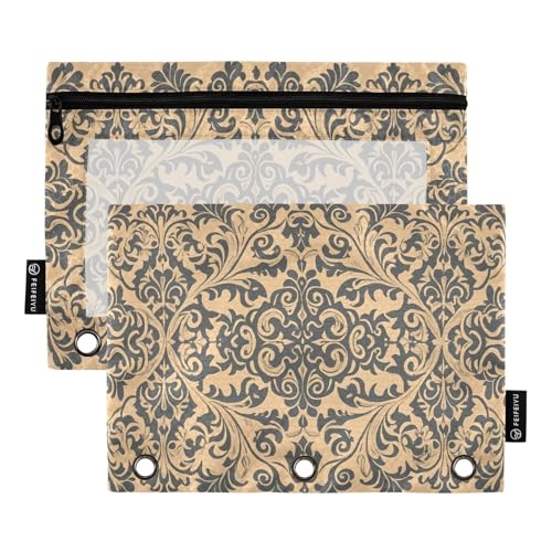 Federmäppchen im Vintage-Stil mit Blumenmuster auf Hellbraun, 2er-Pack für 3-Ringbücher, glatter Reißverschluss mit transparentem PVC-Fenster, Federmäppchen für Schulbedarf von Nexawaveo