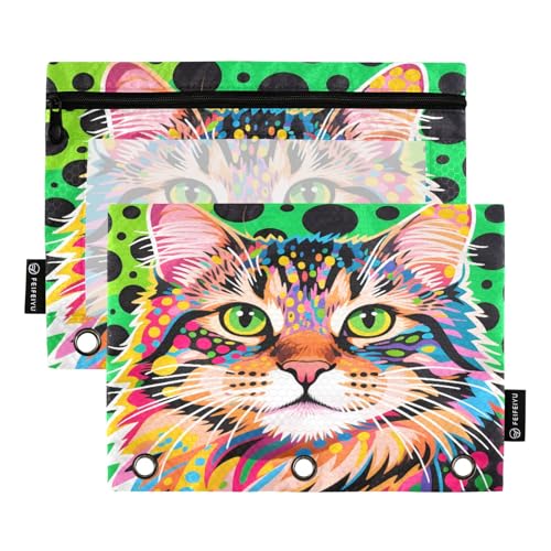 Federmäppchen mit Katzen-Motiv, 2 Stück, für 3-Ringordner, glatter Reißverschluss mit transparentem PVC-Fenster, Federmäppchen für Schulbedarf von Nexawaveo