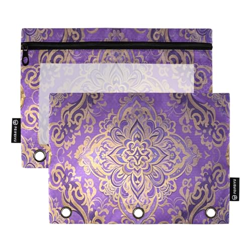 Federmäppchen mit Ornament-Muster, Violett, 2 Stück, für 3-Ringbücher, glatter Reißverschluss mit transparentem PVC-Fenster, Federmäppchen für Schulbedarf von Nexawaveo