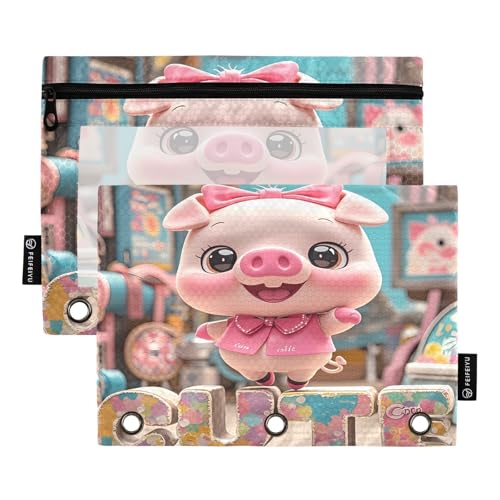 Federmäppchen mit Schweine-Motiv, mehrfarbig, 2 Stück, für 3-Ringordner, glatter Reißverschluss mit transparentem PVC-Fenster, Federmäppchen für Schulbedarf Federmäppchen mit Schweine-Motiv, mehrfarbig, 2 Stück, für 3-Ringordner, glatter Reißverschluss mit transparentem PVC-Fenster, Federmäppchen für Schulbedarf von Nexawaveo