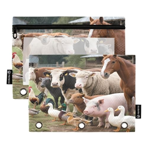 Federmäppchen mit Tiermotiven in grüner Weide, 2 Stück, für 3-Ringbuch, glatter Reißverschluss mit transparentem PVC-Fenster, Federmäppchen für Schulbedarf von Nexawaveo