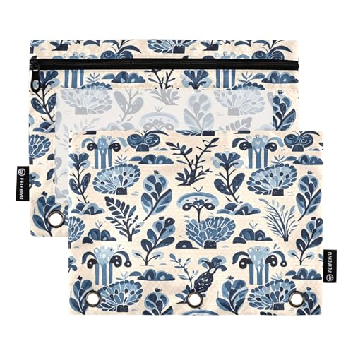 Federmäppchen mit blauem Blumenmuster, 2 Stück, für 3-Ringbücher, glatter Reißverschluss mit transparentem PVC-Fenster, Federmäppchen für Schulbedarf Federmäppchen mit blauem Blumenmuster, 2 Stück, für 3-Ringbücher, glatter Reißverschluss mit transparentem PVC-Fenster, Federmäppchen für Schulbedarf von Nexawaveo