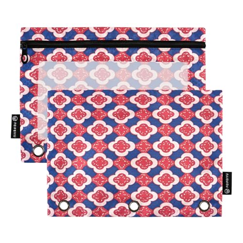 Federmäppchen mit geometrischem Blumenmuster, 2 Stück, für 3-Ringbücher, glatter Reißverschluss mit transparentem PVC-Fenster, Federmäppchen für Schulbedarf von Nexawaveo