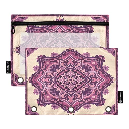 Federmäppchen mit geometrischem violettem Muster, 2 Stück, für 3-Ringbücher, glatter Reißverschluss mit transparentem PVC-Fenster, Federmäppchen für Schulbedarf Federmäppchen mit geometrischem violettem Muster, 2 Stück, für 3-Ringbücher, glatter Reißverschluss mit transparentem PVC-Fenster, Federmäppchen für Schulbedarf von Nexawaveo