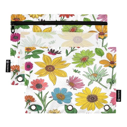 Federmäppchen mit handgezeichneten Blumen, Weiß, 2 Stück, für 3-Ringbuch, glatter Reißverschluss mit transparentem PVC-Fenster, Federmäppchen für Schulbedarf von Nexawaveo