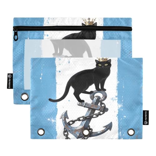 Federmäppchen mit maritimer Katze, blauweiß, 2 Stück, für 3-Ringbuch, glatter Reißverschluss, mit transparentem PVC-Fenster, Federmäppchen für Schulbedarf von Nexawaveo