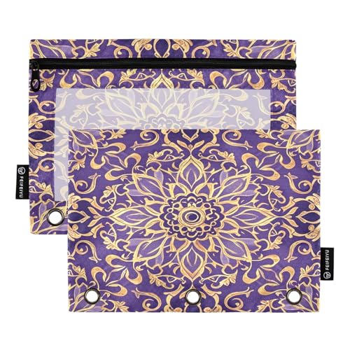 Federmäppchen mit opulentem Blumendesign, Violett, 2 Stück, für 3-Ringbücher, glatter Reißverschluss mit transparentem PVC-Fenster, Federmäppchen für Schulbedarf von Nexawaveo