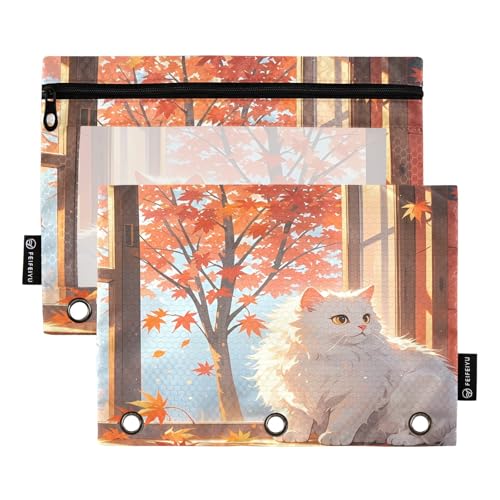 Federmäppchen mit realistischer Katze, Herbstmotiv, 2 Stück, für 3 Ringbücher, glatter Reißverschluss mit transparentem PVC-Fenster, Federmäppchen für Schulbedarf Federmäppchen mit realistischer Katze, Herbstmotiv, 2 Stück, für 3 Ringbücher, glatter Reißverschluss mit transparentem PVC-Fenster, Federmäppchen für Schulbedarf von Nexawaveo