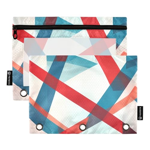Federmäppchen mit überlappenden Streifen, rot und blau, 2 Stück, für 3-Ringbuch, glatter Reißverschluss mit transparentem PVC-Fenster, Federmäppchen für Schulbedarf von Nexawaveo