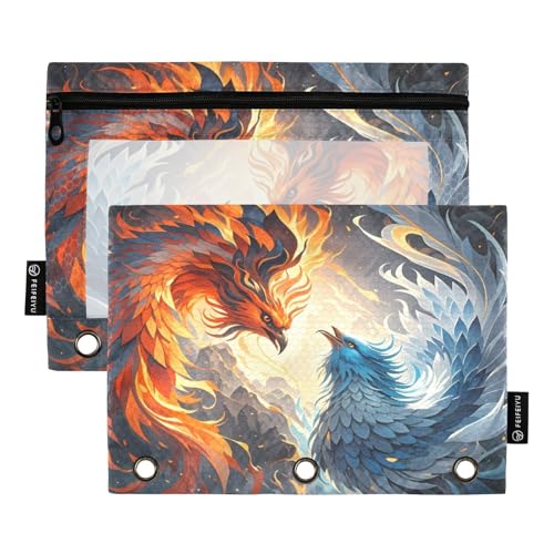Fiery Phoenixes Night Federmäppchen-Set für 3-Ringbuch, glatter Reißverschluss mit transparentem PVC-Fenster, Federmäppchen für Schulbedarf, 2 Stück von Nexawaveo