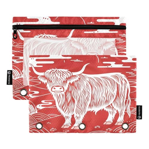 Folk Art Highland Bull Red 2er-Pack Federmäppchen Set für 3-Ringbuch, glatter Reißverschluss mit transparentem PVC-Fenster, Federmäppchen für Schulbedarf von Nexawaveo