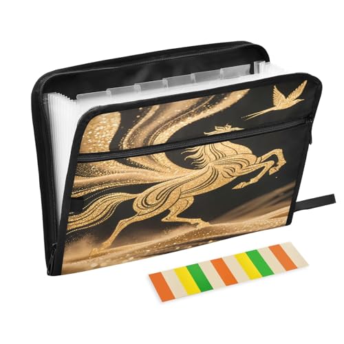 Golden Horse Bird Dokumentenmappe, erweiterbarer Reißverschluss, 13 Taschen, Akkordeon-Dokumenten-Organizer für Arbeit und Zuhause, Schwarz von Nexawaveo