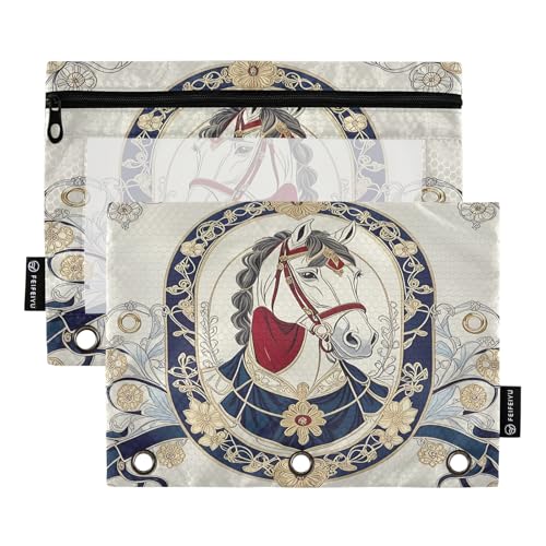Graceful Horse Federmäppchen-Set für 3-Ringordner, glatter Reißverschluss mit transparentem PVC-Fenster, Bleistiftetui für Schulbedarf, Beige, 2 Stück von Nexawaveo