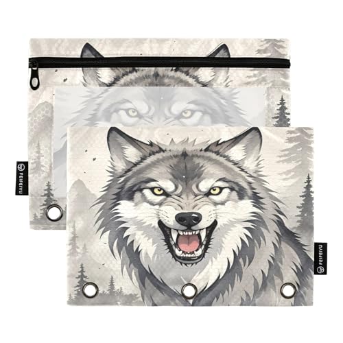 Illustrative Wolfsgraues Federmäppchen-Set für 3-Ringbuch, glatter Reißverschluss mit transparentem PVC-Fenster, Federmäppchen für Schulbedarf von Nexawaveo
